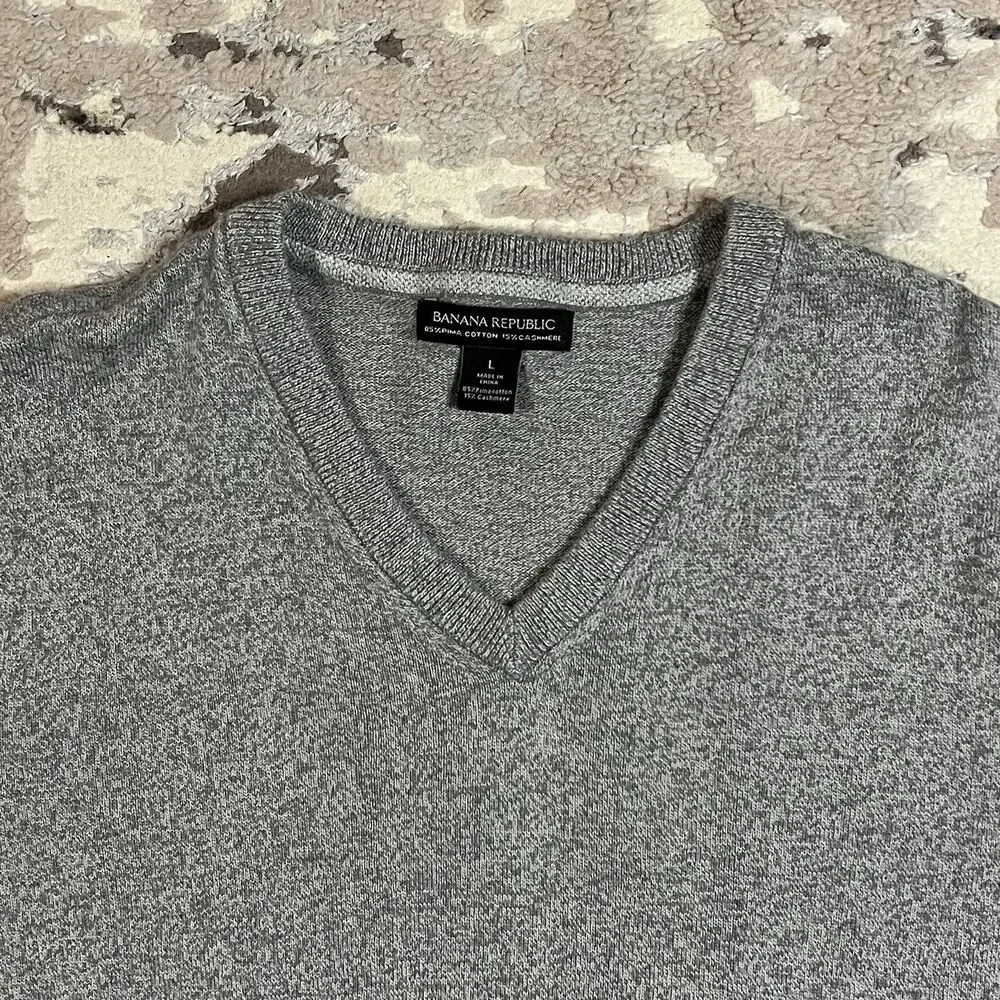 Banana Republic V Neck Sweater Men's Sz L Pima Cotton Cashmere Gray Long Sleeve